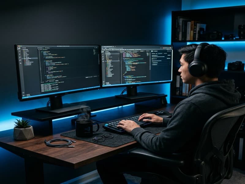 Modern minimalist tech workspace at TVDG Tech — dual monitors showing code with blue LED lighting